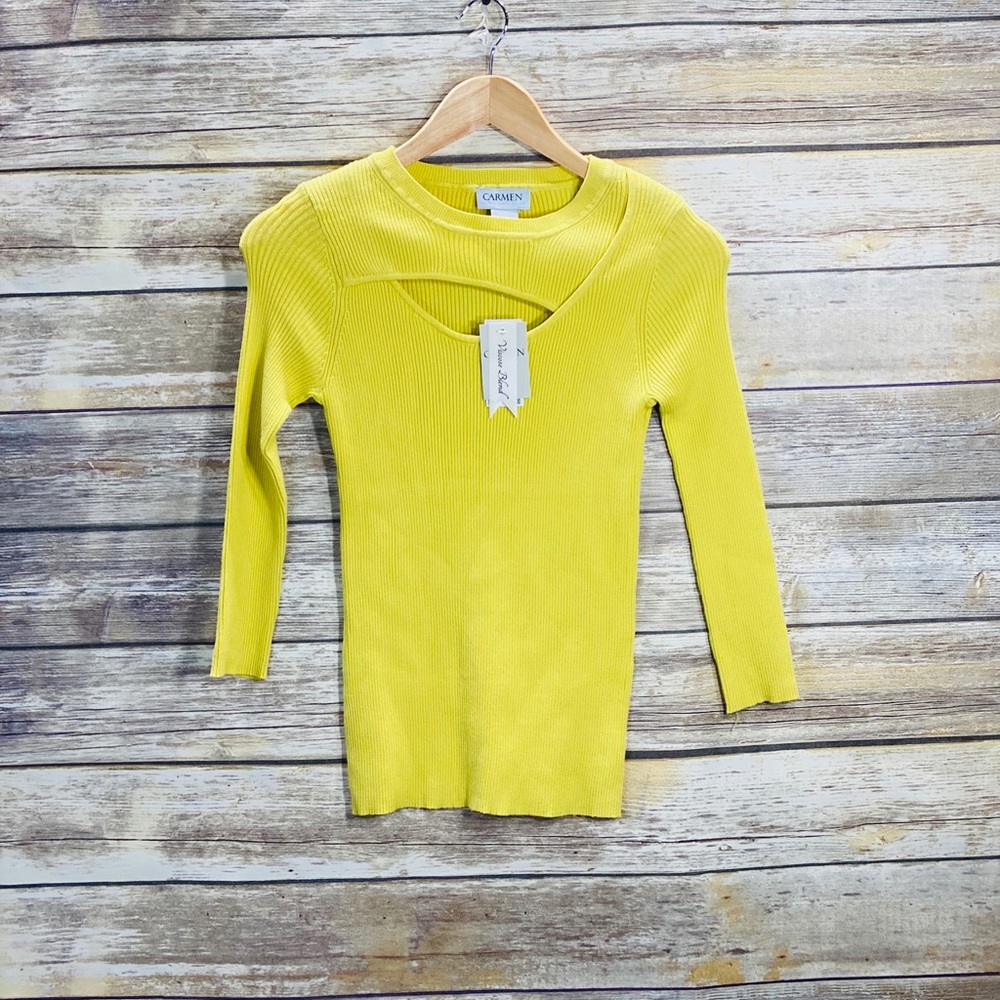 NEW! Carmen‎ Marc Valvo Long Sleeve Ribbed Long Sleeve Yellow Top Size Medium
